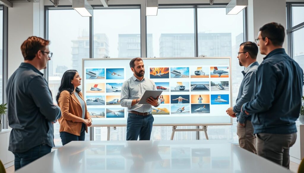 A team of professionals collaborating on a product development process, with a prompt engineer guiding the creative direction. The scene features a well-lit, modern office space with large windows and clean, minimalist design. The prompt engineer stands at the center, laptop in hand, explaining a concept to the team gathered around a large interactive whiteboard. The background showcases a digital display visualizing different image styles and variations, reflecting the prompt engineer's expertise in fine-tuning AI-generated content. The overall atmosphere conveys a sense of focused collaboration and innovation.