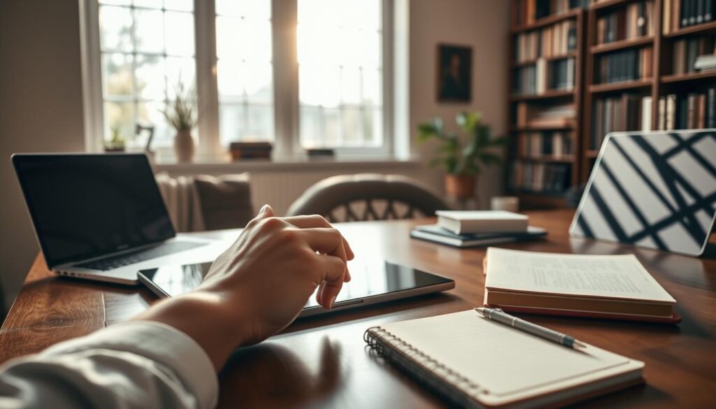 A tranquil study adorned with academic tomes, a sleek laptop, and a well-worn notebook. Soft natural light filters through large windows, casting a warm glow on a polished wooden desk. In the foreground, a thoughtful human hand hovers over a tablet, carefully crafting the perfect prompt - the key to unlocking the generative power of AI. The room exudes an air of focused contemplation, a harmonious balance between the analog and the digital, where the art of prompt engineering takes center stage.