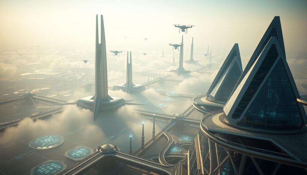 A vast expanse of sleek, metallic structures stretches across the horizon, their angular forms cutting through the hazy atmosphere. In the foreground, a network of holographic displays flickers with cascading data, casting an ethereal glow on the scene. Towering spires of gleaming glass and chrome rise into the sky, their reflective surfaces mirroring the endless possibilities of the future. The landscape is bathed in a warm, diffused light, lending an air of optimism and wonder to this futuristic vision. Sleek, autonomous vehicles glide silently along the sleek, elevated pathways, while drones and hover-craft dart between the soaring architectural marvels. This is the future of systems, a testament to the boundless creativity and innovation of the next generation of prompt engineers.