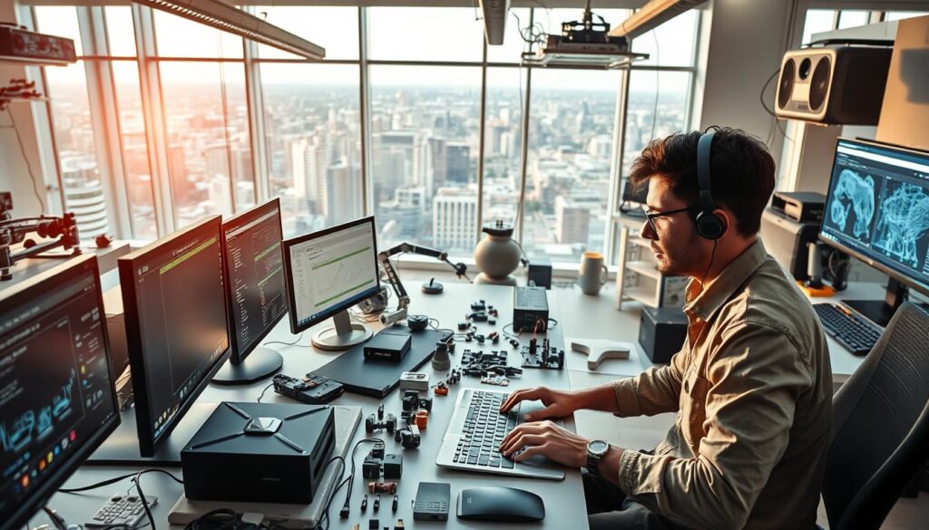 A vast workspace filled with a diversity of cutting-edge digital tools and hardware - from powerful computers and high-resolution displays to advanced 3D modeling software and robotics. The foreground showcases a user deeply engaged, hands expertly navigating an intricate user interface, their face aglow with creative focus. In the middle ground, various prototypes and design mockups scattered across the desk, hinting at the boundless possibilities of generative AI. The background reveals an expansive, ultra-modern studio, windows offering a panoramic view of a bustling cityscape, reflecting the seamless integration of technology into our daily lives. Soft, directional lighting casts a warm, productive glow, setting the tone for unparalleled innovation and problem-solving.