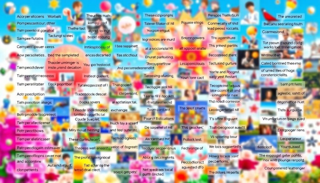 A vibrant and visually engaging collage of common prompts used in AI-powered text-to-image generation. Prominent in the foreground, a diverse array of prompt types unfolds, ranging from detailed scene descriptions to abstract conceptual cues. The middle ground showcases the technical parameters that shape the visual output, such as lighting, camera angles, and artistic styles. In the background, a kaleidoscope of diverse visual elements subtly hints at the boundless creative potential of effective prompt engineering. The overall mood is one of exploration, discovery, and the joy of unleashing the imagination through the power of language.