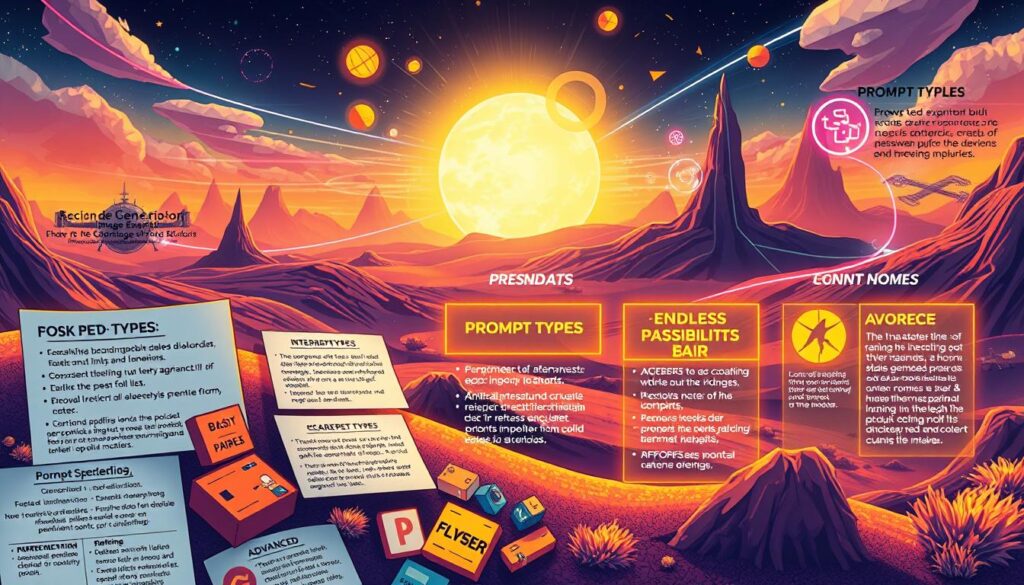 A vibrant, colorful illustration depicting the core prompt types and techniques for image generation. In the foreground, a collection of prompt elements including detailed descriptors, technical specifications, and creative flourishes. In the middle ground, visual representations of different prompt types - basic, intermediate, and advanced - showcasing their unique characteristics and applications. In the background, a dynamic, futuristic landscape with glowing shapes and lines, symbolizing the endless possibilities of prompt engineering. The scene is illuminated by a warm, cinematic lighting, captured through a wide-angle lens to provide a sense of depth and scale. The overall mood is one of discovery, innovation, and the power of crafting effective prompts.
