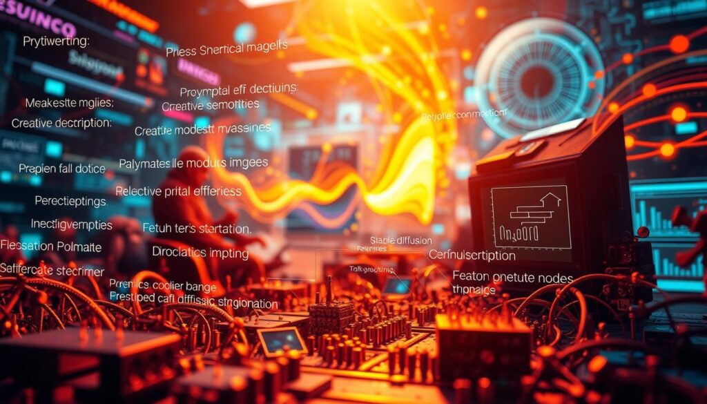 A vibrant, detailed illustration of "prompting techniques" for AI image generation. The foreground features various prompting elements such as keywords, modifiers, and creative descriptions, artfully arranged to convey the power of prompt engineering. The middle ground showcases a Stable Diffusion model generating an image, with swirling data visualizations and technical details in the background. The overall scene is bathed in a warm, futuristic lighting, creating a sense of awe and discovery. Intricate textures, subtle gradients, and a dynamic composition bring the concept to life in a visually captivating manner.