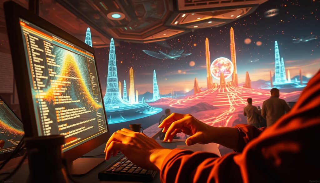 A vibrant, intricately detailed scene depicting the art of prompt engineering. In the foreground, a skilled prompt engineer masterfully crafts a prompt on a glowing computer screen, their hands moving with precision. In the middle ground, a visualization of the prompt takes shape, a captivating image emerging from the digital ether. The background is a dynamic, futuristic landscape, with towering holographic structures and a kaleidoscopic sky, symbolizing the boundless potential of prompt-driven image generation. Warm lighting casts a contemplative glow, and the overall atmosphere conveys a sense of innovation, creativity, and the thrill of visual discovery.