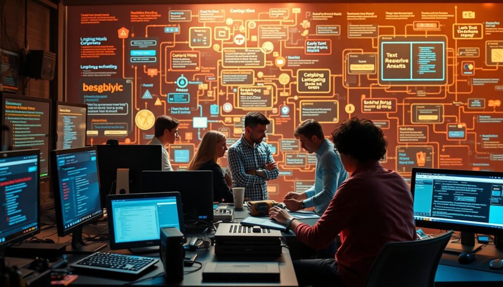 A vibrant visual representation of the techniques and strategies for effective prompt engineering. In the foreground, various digital tools and interfaces depicting the iterative process of refining prompts. In the middle ground, a group of researchers collaborating, exchanging ideas and fine-tuning their approaches. The background showcases a dynamic visualization of language models, data flows, and algorithmic insights, all under a warm, focused lighting that conveys the intellectual rigor and creative energy of the endeavor. The overall scene exudes a sense of discovery, exploration, and the relentless pursuit of optimization in the realm of text-to-image generation.