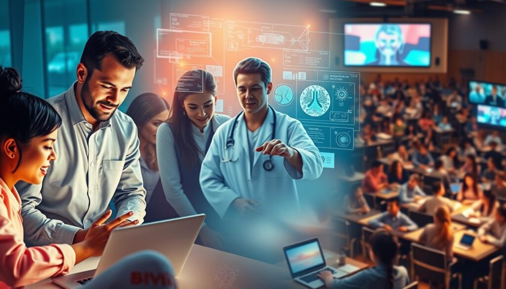 A vibrant, visually striking collage of diverse use cases for AI-powered language models. In the foreground, a team of professionals collaborating on a business strategy presentation, their faces illuminated by the glow of a laptop screen. In the middle ground, a medical researcher analyzing patient data, surrounded by holographic displays of diagnostic information. In the background, a virtual classroom teeming with students of all ages, engaged in interactive learning experiences powered by conversational AI. The scene is bathed in a warm, inviting light, conveying a sense of innovation, productivity, and the transformative potential of these emerging technologies.