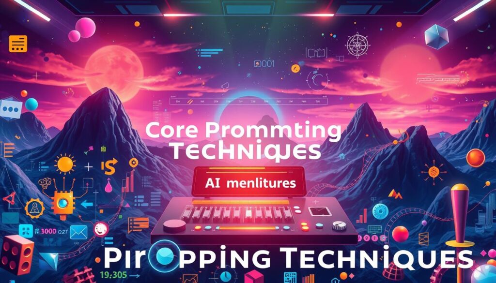 A vibrant, visually striking illustration of the core techniques used by prompt engineers in image generation. The foreground features a colorful array of abstract symbols, shapes, and icons representing the various elements of effective prompting - from descriptive language and technical details to mood and atmosphere. The middle ground showcases a futuristic, high-tech interface with sliders, toggles, and control panels, highlighting the iterative, data-driven nature of prompt engineering. In the background, a dynamic, AI-generated landscape serves as a metaphorical backdrop, suggesting the boundless creative potential unleashed by mastering prompt crafting. Dramatic lighting, cinematic camera angles, and a sense of depth and dimensionality bring the entire scene to life, creating a captivating and informative visual representation of the "Core Prompting Techniques" that power the world of image generation.