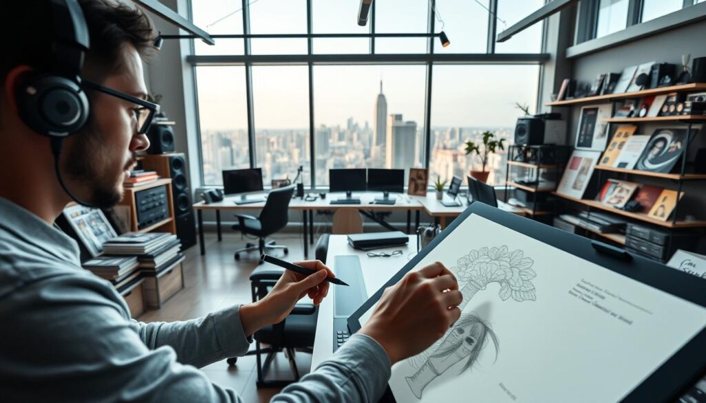 A well-equipped modern design studio with abundant natural light, sleek workstations, and state-of-the-art hardware. In the foreground, a designer meticulously crafting a digital illustration on a high-resolution display, fingers gracefully gliding across a pressure-sensitive tablet. The middle ground showcases a collection of reference materials, including art books, color palettes, and inspirational mood boards. In the background, a panoramic window reveals a bustling city skyline, hinting at the vibrant creative ecosystem that surrounds the studio. Ambient lighting casts a warm, focused glow, complementing the serene yet focused atmosphere of the space.