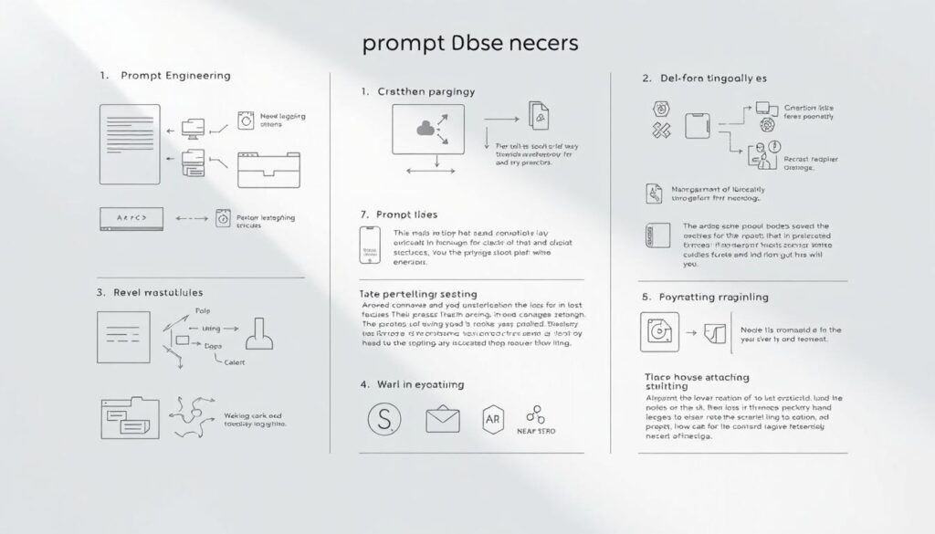 Detailed technical diagrams and step-by-step illustrations depicting various prompt engineering techniques. A collection of abstract shapes, lines, and icons arranged in a clear, instructional layout against a clean, minimalist background. Soft lighting from the top left casts subtle shadows, highlighting the dimensional depth and textural elements. The overall mood is educational and informative, guiding the viewer through the essential principles of effective prompt design for generative AI systems.
