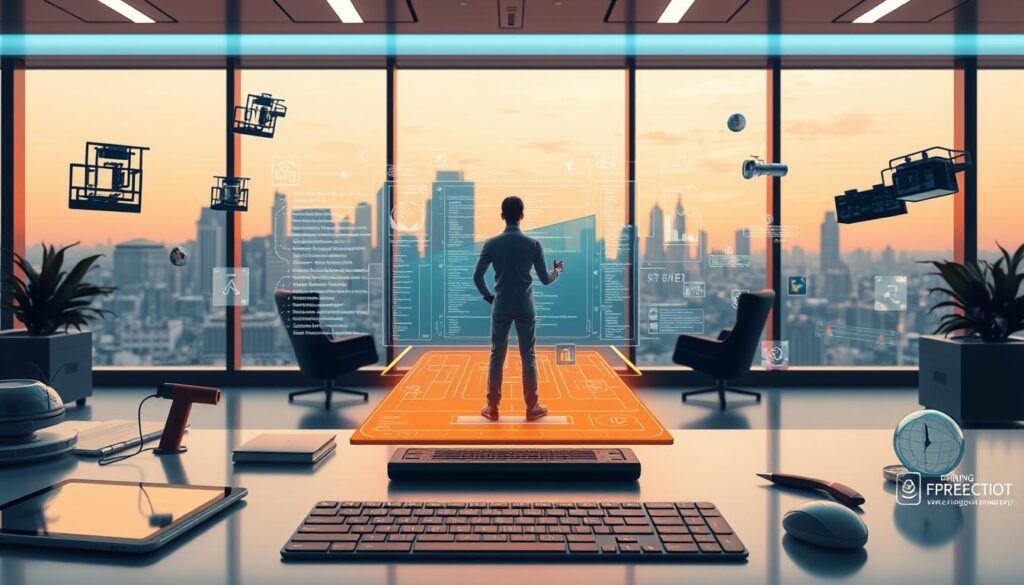 a highly detailed digital illustration of a prompt engineer's skills, depicting a futuristic workspace with various tools and equipment floating in the foreground, including a tablet, a keyboard, and a 3D-modeling interface. In the middle ground, a figure representing the prompt engineer stands at a holographic control panel, surrounded by lines of code, graphs, and floating data visualizations. The background features a sleek, minimalist office space with large windows overlooking a futuristic cityscape. The scene is bathed in a warm, ambient lighting, creating a sense of focus and technological sophistication. The overall composition conveys the prompt engineer's mastery of language, technology, and the creative process of image generation.