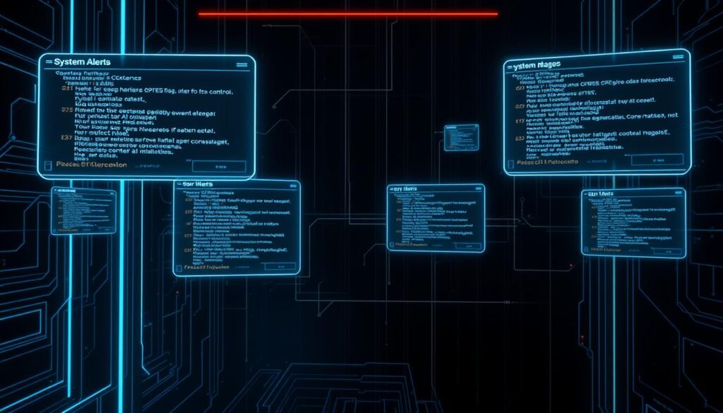 system messages against a dark, moody background, featuring a futuristic user interface with floating panels, glowing lines, and a sense of technological depth; the panels display various system alerts and diagnostic information, conveying a complex, interconnected digital landscape; the overall atmosphere is one of precision, control, and an underlying tension, as if the viewer is being immersed in the inner workings of a highly advanced, AI-driven system